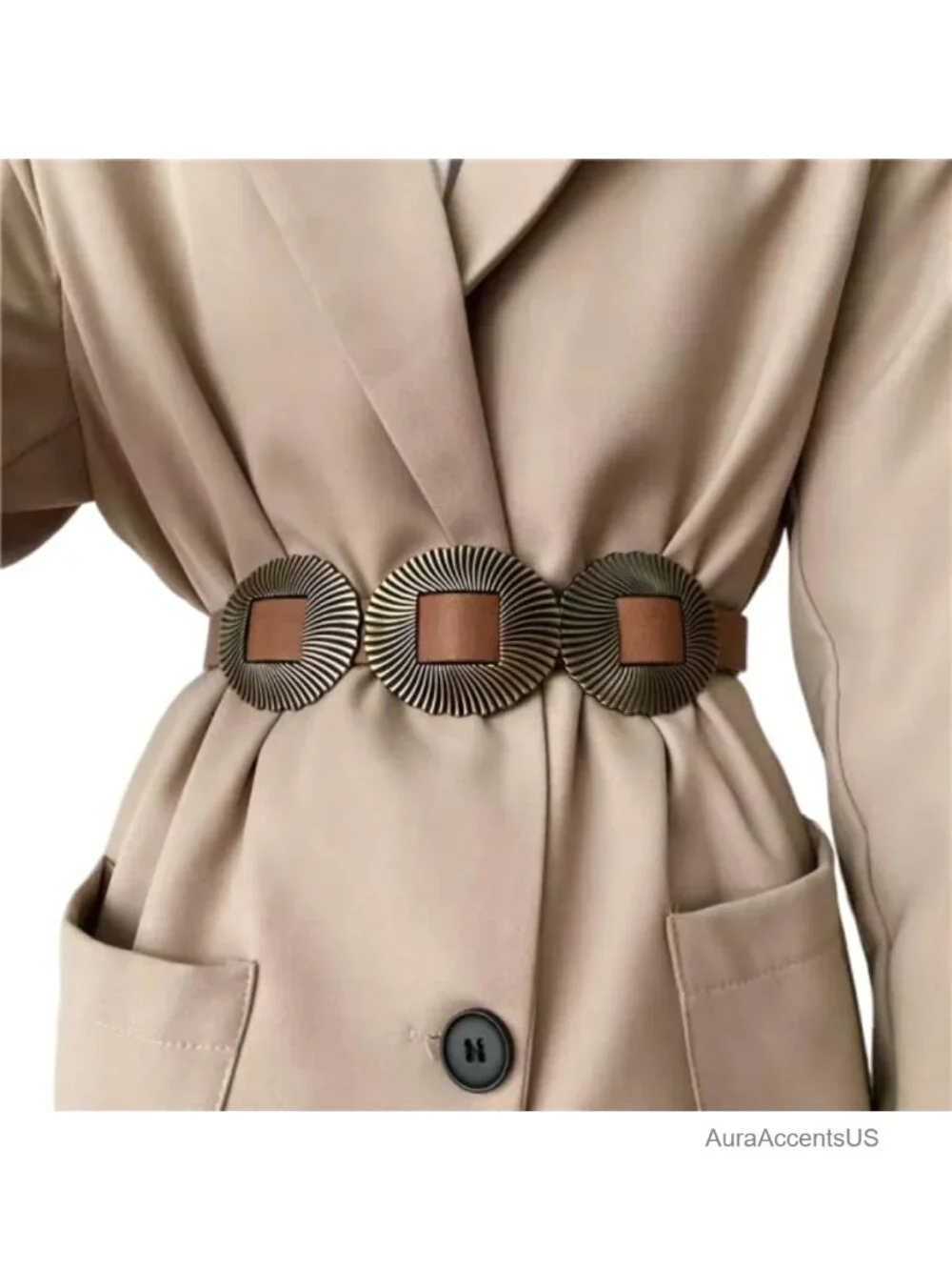 Western Concho Belt with Gold Buckle Adjustable Faux Leather Wide Disc Belt